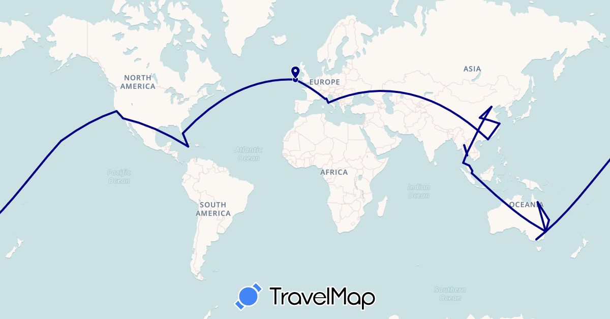 TravelMap itinerary: driving in Australia, China, Ireland, Italy, Jamaica, Malaysia, Singapore, Thailand, United States (Asia, Europe, North America, Oceania)